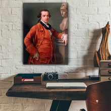 Load image into Gallery viewer, A portrait of a man dressed in a red renaissance costume hangs on a white brick wall
