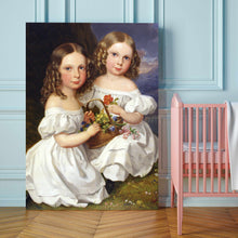 Load image into Gallery viewer, Portrait of two girls dressed in white royal dresses stands on a wooden floor against a background of a blue wall