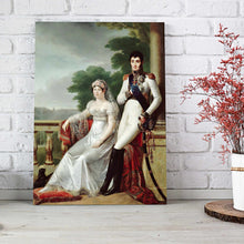 Load image into Gallery viewer, Portrait of a couple dressed in white royal attires stands on a wooden floor near a white brick wall