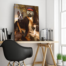 Load image into Gallery viewer, Portrait of a pair of two dogs with human bodies dressed in historical regal attires stands on a wooden table near a black chair