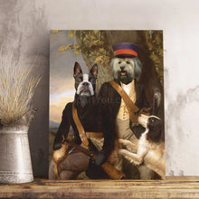 Load image into Gallery viewer, A portrait of a pair of two dogs with human bodies dressed in historical royal clothes stands on a wooden shelf near a gray vase