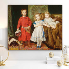 Load image into Gallery viewer, Portrait of three children dressed in historical regal attires hangs on a white wall near golden toys