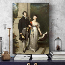Load image into Gallery viewer, Portrait of a couple dressed in historical royal clothes stands on a blue table near books