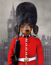 Load image into Gallery viewer, The portrait depicts a dog with a human body dressed in the red clothes of a British sentry with a hat