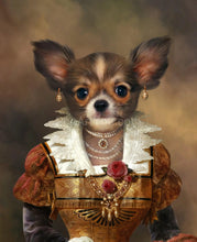 Load image into Gallery viewer, The portrait shows a female dog with a human body wearing a royal gold dress with earrings
