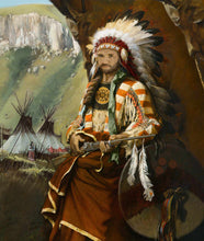 Load image into Gallery viewer, The portrait shows a man dressed in a renaissance American Indian costume