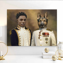 Load image into Gallery viewer, A portrait of a man dressed in royal clothes and a dog with the body of a man dressed in royal clothes hangs on a white wall
