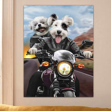 Load image into Gallery viewer, Portrait of two white dogs bikers riding a motorcycle hanging on a beige wall