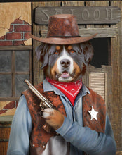 Load image into Gallery viewer, The portrait depicts a dog with a human body dressed in historical cowboy attire with a hat
