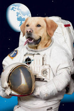 Load image into Gallery viewer, The portrait shows a dog dressed in the white clothes of an American astronaut near the moon