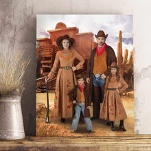 Load image into Gallery viewer, Portrait of a family dressed in historical royal clothes with hats stands on a wooden shelf near a gray vase
