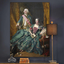 Load image into Gallery viewer, Portrait of a couple dressed in green royal clothes hangs on a gray wall near three books and a lamp
