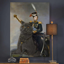 Load image into Gallery viewer, A portrait of a man dressed in regal attire running on a huge cat hangs on the dark wall above the books