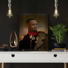 Load image into Gallery viewer, Аn example of how a portrait of a man in a general&#39;s suit stands on a white shelf against a dark wall next to a flowerpot
