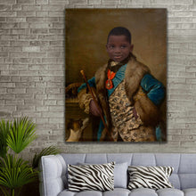 Load image into Gallery viewer, Portrait of a boy dressed in historical regal attire with fur hanging on a gray brick wall above the sofa