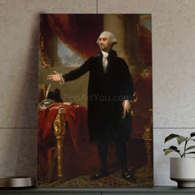 Load image into Gallery viewer, A portrait of a man with white hair standing at a red table dressed in black royal clothes hangs on a white wall