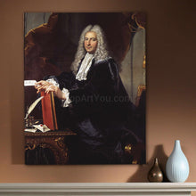 Load image into Gallery viewer, A portrait of a man dressed in historical royal clothes hangs on the brown wall next to two vases

