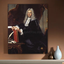 Load image into Gallery viewer, A portrait of a man dressed in historical royal clothes hangs on the brown wall next to two vases
