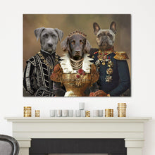 Load image into Gallery viewer, Portrait of three dogs with human bodies dressed in historical royal clothes hangs on the white wall above the fireplace