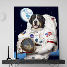 Load image into Gallery viewer, Portrait of a dog with a human body dressed in white Astronaut attire stands on a black wooden shelf