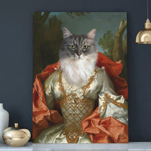 Load image into Gallery viewer, Portrait of a female cat with a human body, dressed in a silver regal dress with a red mantle, stands on a white shelf near a golden vase