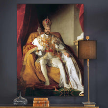 Load image into Gallery viewer, On the gray wall next to the floor lamp hangs a portrait of a man dressed in a royal costume
