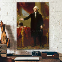 Load image into Gallery viewer, A portrait of a man with white hair dressed in black regal attire hangs on the white brick wall above the desk