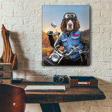Load image into Gallery viewer, Portrait of a biker dog with a human body riding a chopper hangs on a white brick wall above a work table
