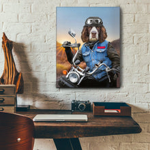 Load image into Gallery viewer, Portrait of a biker dog with a human body riding a chopper hangs on a white brick wall above a work table