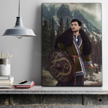 Load image into Gallery viewer, A portrait of a man dressed in a Viking costume holding a shield and an axe stands on a wooden shelf