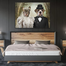 Load image into Gallery viewer, Wedding portrait of two dogs hanging on a dark wall over a wooden bed