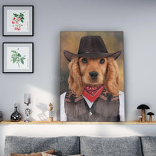 Load image into Gallery viewer, Portrait of a dog with a human body dressed in historical attire stands on a wooden shelf above a gray bed