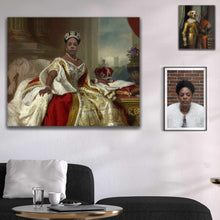 Load image into Gallery viewer, Portrait of a girl dressed in a royal dress hanging on a white wall over a gray sofa