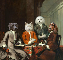 Load image into Gallery viewer, The portrait shows four dogs with human bodies sitting at a table dressed in historical royal clothes