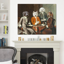 Load image into Gallery viewer, Portrait of four dogs with human bodies sitting at a table dressed in historical royal clothes hangs on a white wall above the fireplace