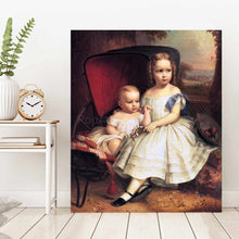 Load image into Gallery viewer, Portrait of two children dressed in white royal dresses stands on the wooden floor near the clock