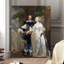 Load image into Gallery viewer, Portrait of a couple dressed in silver royal clothes standing on a wooden floor