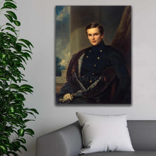 Load image into Gallery viewer, A portrait of a man dressed in renaissance attire hangs on a white wall next to a tree

