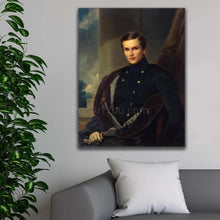 Load image into Gallery viewer, A portrait of a man dressed in renaissance attire hangs on a white wall next to a tree