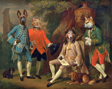 Load image into Gallery viewer, The portrait shows three dogs and a cat with human bodies dressed in historical regal attires standing in the forest