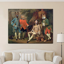 Load image into Gallery viewer, Portrait of three dogs and a cat with human bodies dressed in historical royal attires standing in the forest hanging on a beige near a sofa and a floor lamp