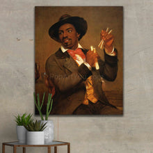 Load image into Gallery viewer, A portrait of a man dressed in a renaissance costume hangs on the gray wall next to flowers