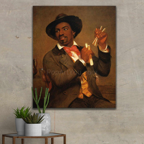 A portrait of a man dressed in a renaissance costume hangs on the gray wall next to flowers