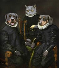 Load image into Gallery viewer, The portrait shows two dogs and a cat with human bodies dressed in black regal attires