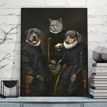 Load image into Gallery viewer, Portrait of two dogs and a cat with human bodies dressed in black regal clothes stands on a wooden shelf with books