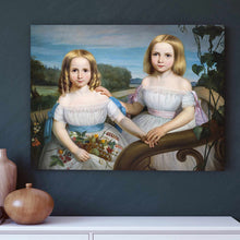 Load image into Gallery viewer, Portrait of two girls with blond hair dressed in white royal dresses hanging on a blue wall