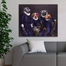Load image into Gallery viewer, Portrait of four dogs with human bodies dressed in purple royal attires hanging on a white wall above a gray sofa