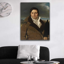 Load image into Gallery viewer, A portrait of a man dressed in a renaissance costume hangs on the white wall next to the clock