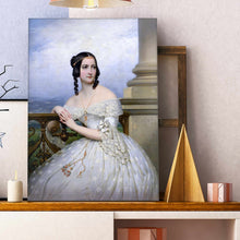Load image into Gallery viewer, Portrait of a girl with dark hair wearing a white royal dress stands on a wooden shelf