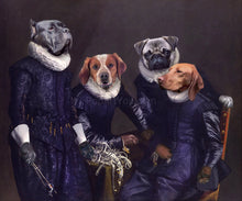 Load image into Gallery viewer, The portrait shows four dogs with human bodies dressed in purple regal attires